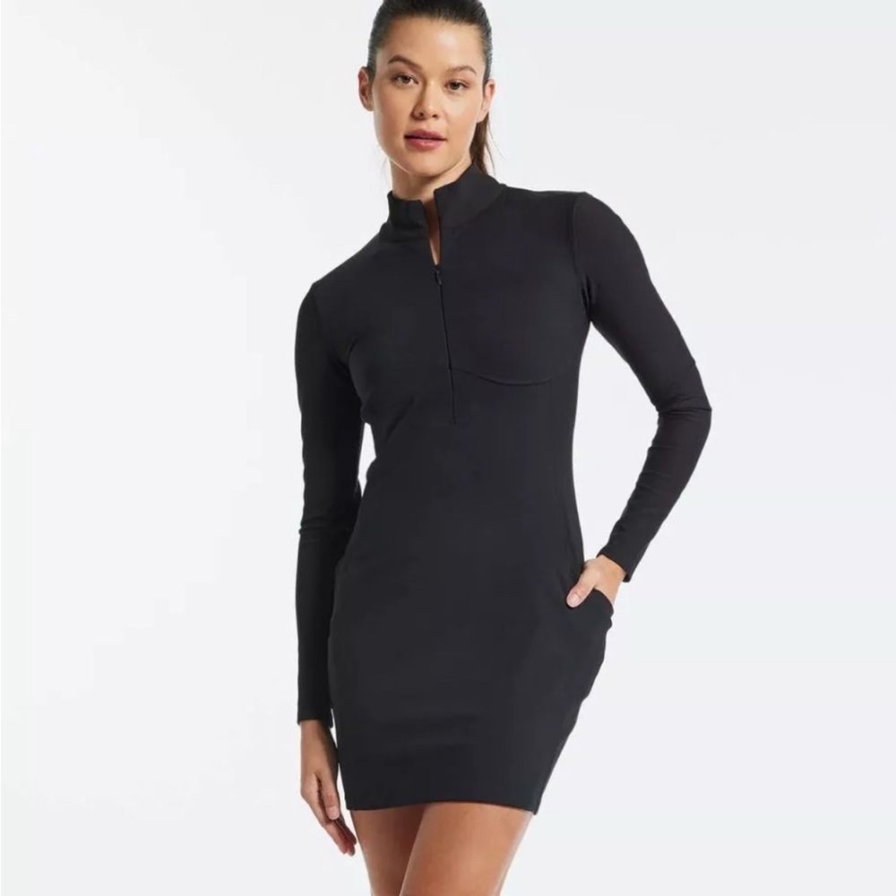 NWT All Access by Bandier Bodycon Mock Turtleneck Zip Up Black Dress